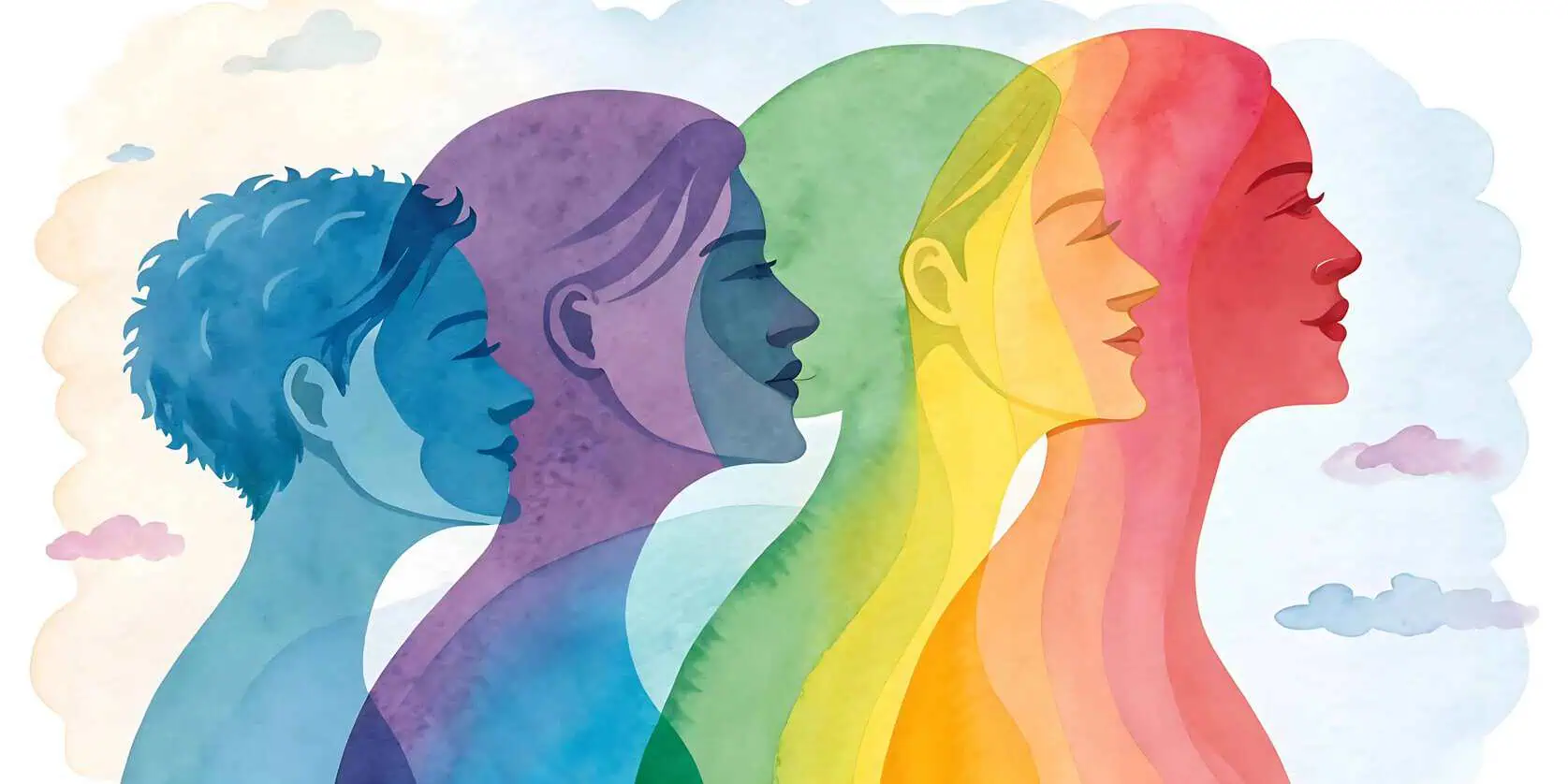 Illustration of overlapping human silhouettes in a gradient of blue, purple, green, yellow, orange, and red, symbolizing diverse personality profiles. The background features soft clouds in a watercolor style, creating a calm and reflective atmosphere.
