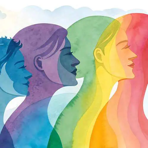 Illustration of overlapping human silhouettes in a gradient of blue, purple, green, yellow, orange, and red, symbolizing diverse personality profiles. The background features soft clouds in a watercolor style, creating a calm and reflective atmosphere.