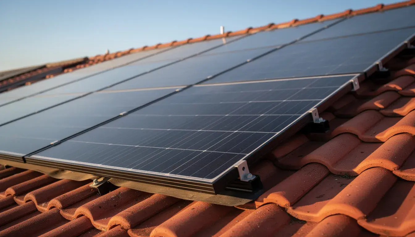 Die Nahaufnahme zeigt hochwertige monokristalline Solarmodule auf einem Ziegeldach eines Einfamilienhauses.