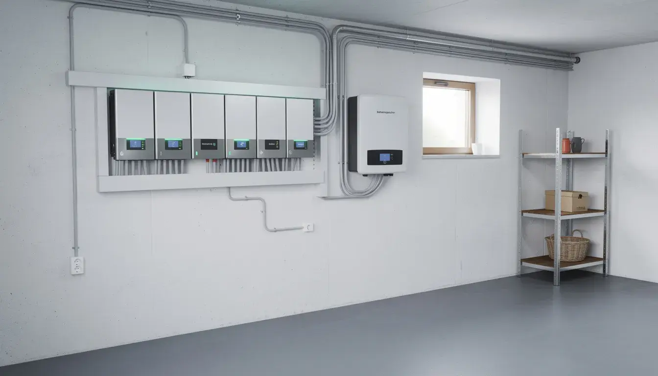 Installiertes Batteriespeicher-System in einem Keller eines Einfamilienhauses zur Speicherung von Solarstrom.
