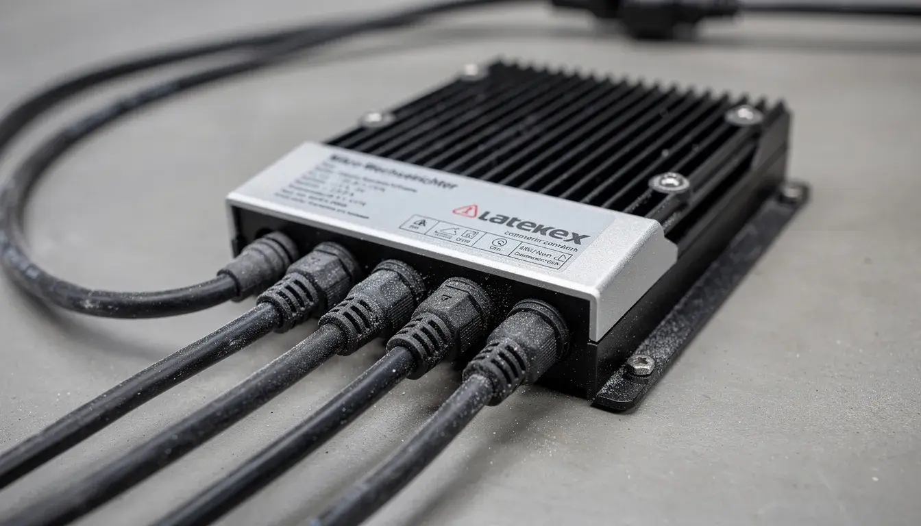 Die Nahaufnahme zeigt einen Mikrowechselrichter mit mehreren Anschlusskabeln, der Teil einer Balkon-Solaranlage sein könnte. Diese Plug-and-Play-Anlage ermöglicht die einfache Installation von Photovoltaik-Anlagen, um Solarstrom für Haushalte zu erzeugen.