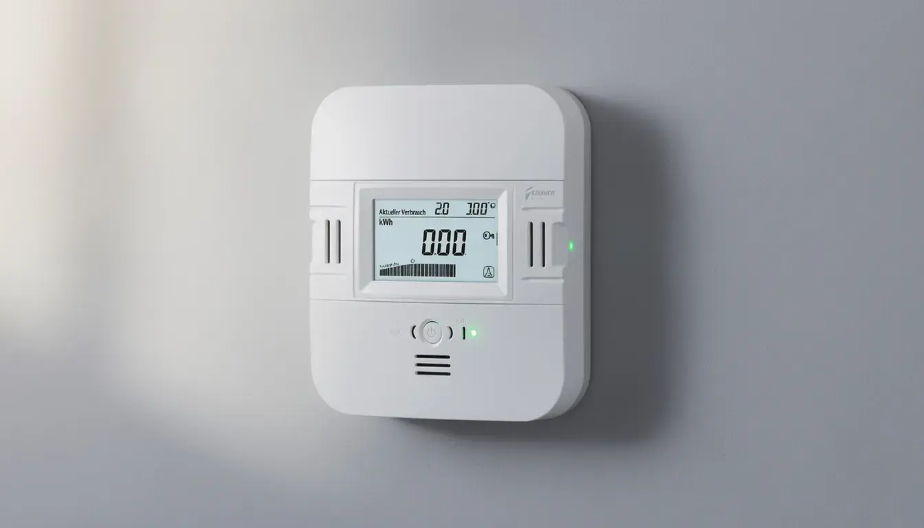 Ein digitaler Smart Meter mit Display ist an einer Wand montiert und zeigt die aktuelle Stromproduktion einer Balkon-Solaranlage an. Diese Mini-PV-Anlage ermöglicht es Mietern, Solarstrom effizient zu nutzen und ihre Stromkosten zu senken.