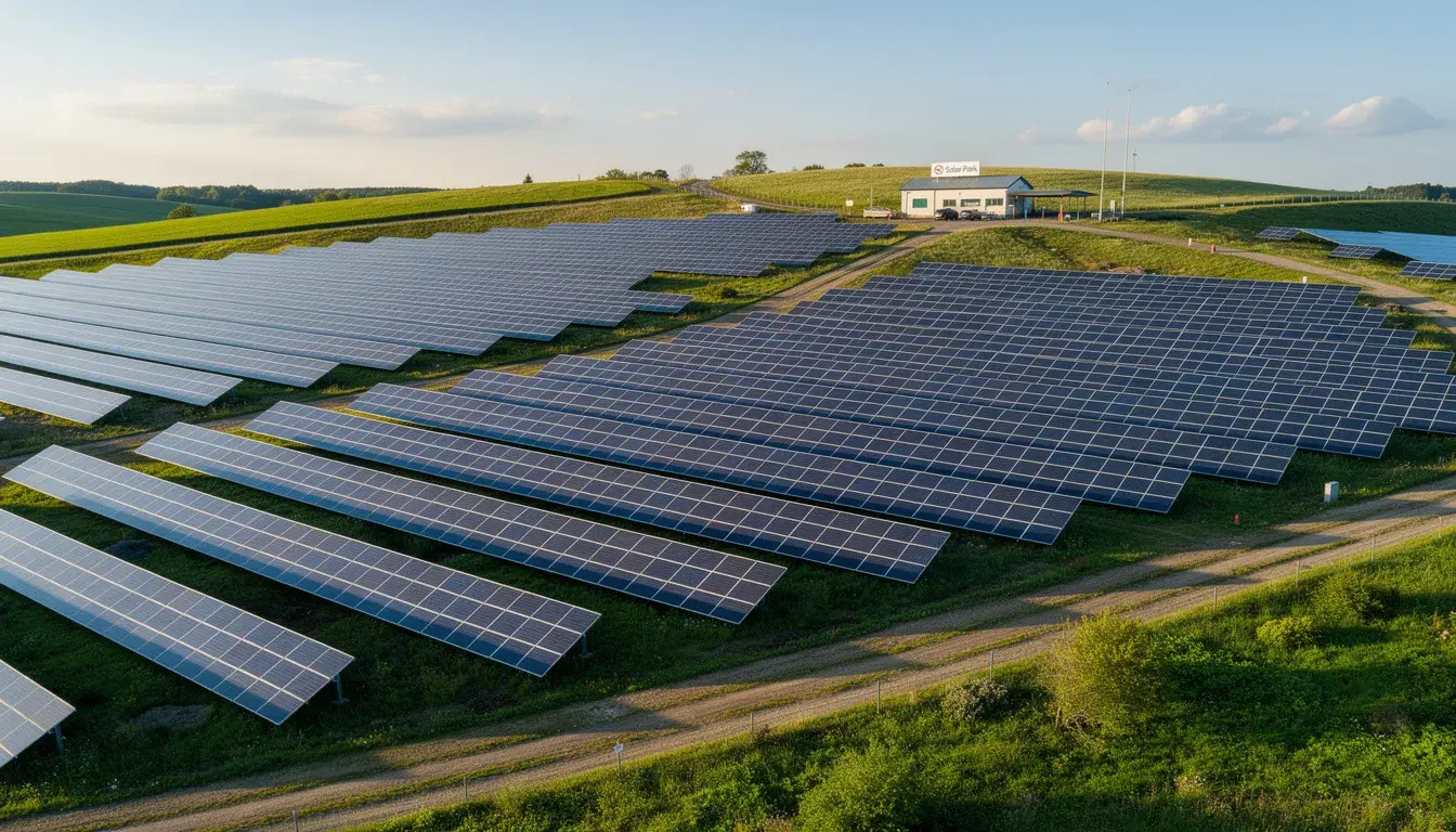 Solarpark mit modernen Photovoltaikmodulen in weiter Landschaft.
