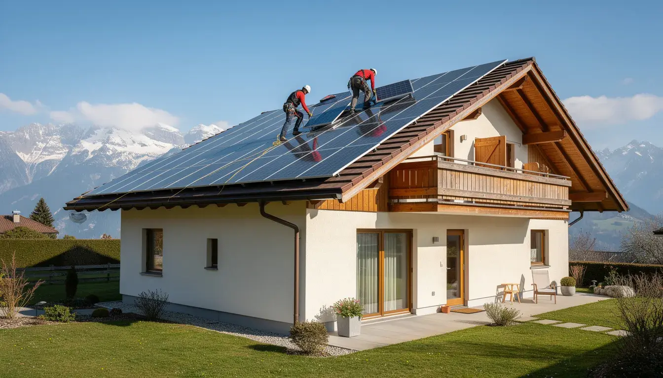 Installation von Dach-Solarmodulen auf Schweizer Wohnhaus.