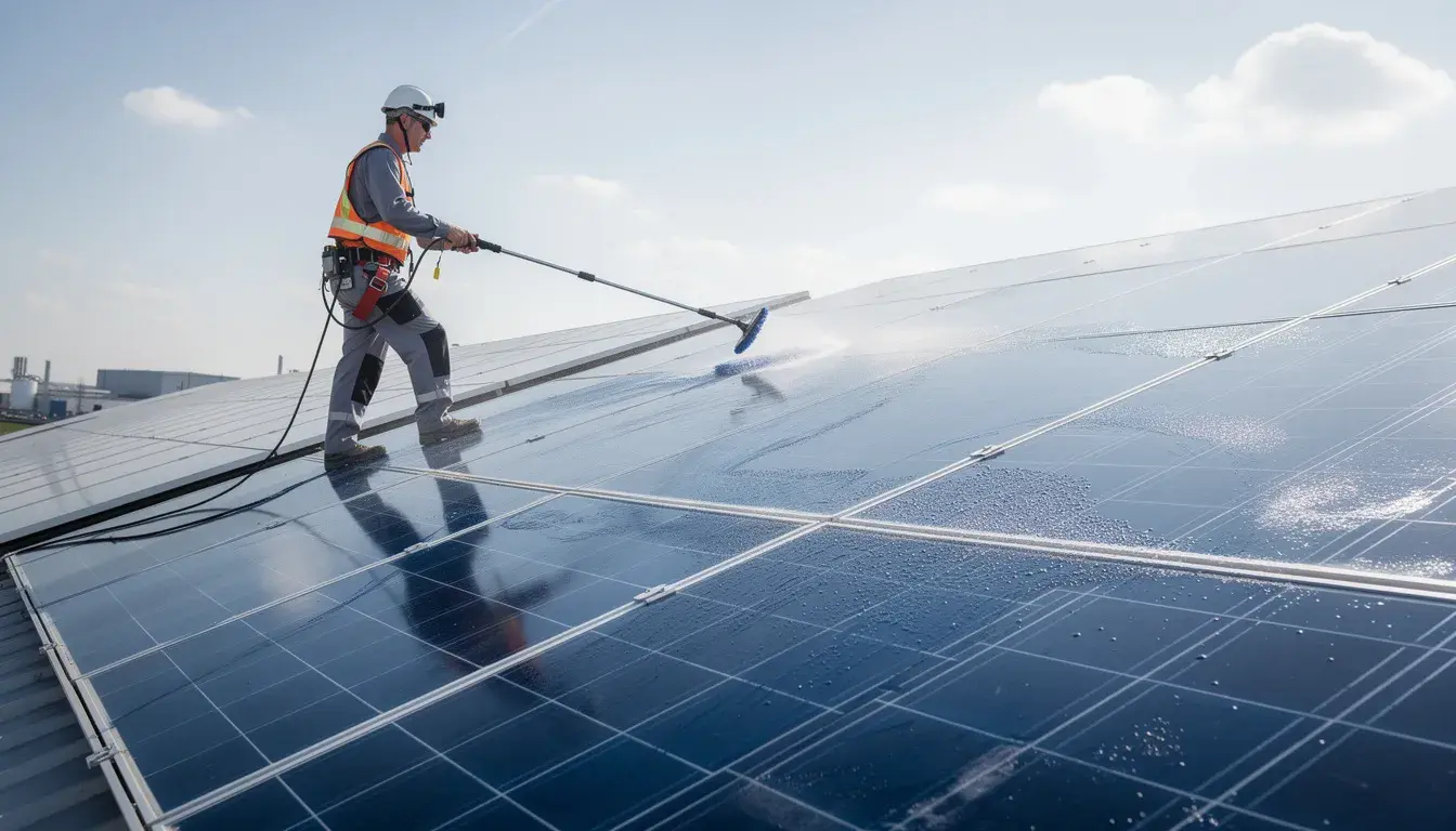 Auf dem Dach eines Schweizer Einfamilienhauses sind mehrere Solarmodule sichtbar, die in der Sonne leuchten. Die Photovoltaikanlage ist sauber und strahlt, was auf eine regelmäßige Reinigung hinweist, um Leistungsverluste durch Staub oder andere Verschmutzungen zu vermeiden.