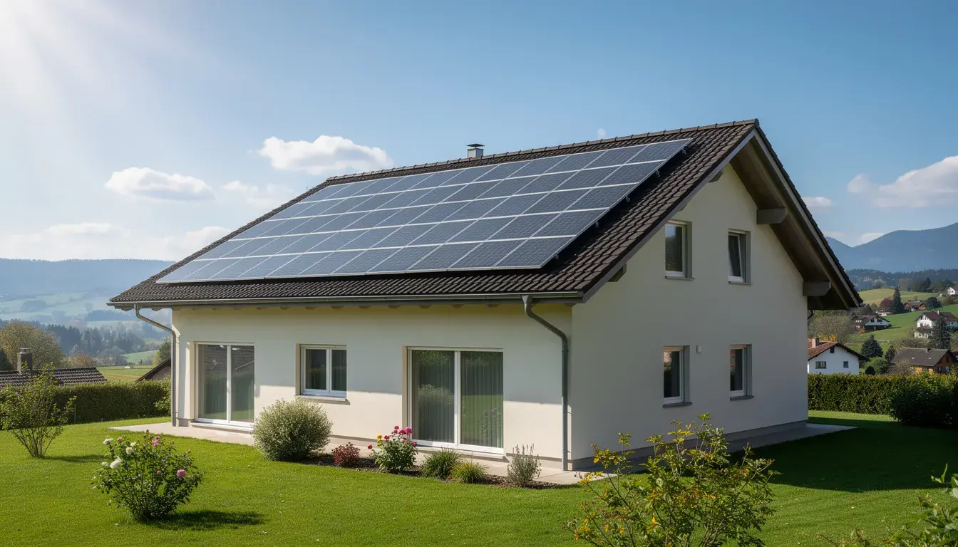 Auf dem Dach eines Schweizer Einfamilienhauses sind mehrere Solarmodule sichtbar, die in der Sonne leuchten. Die Photovoltaikanlage ist sauber und strahlt, was auf eine regelmäßige Reinigung hinweist, um Leistungsverluste durch Staub oder andere Verschmutzungen zu vermeiden.