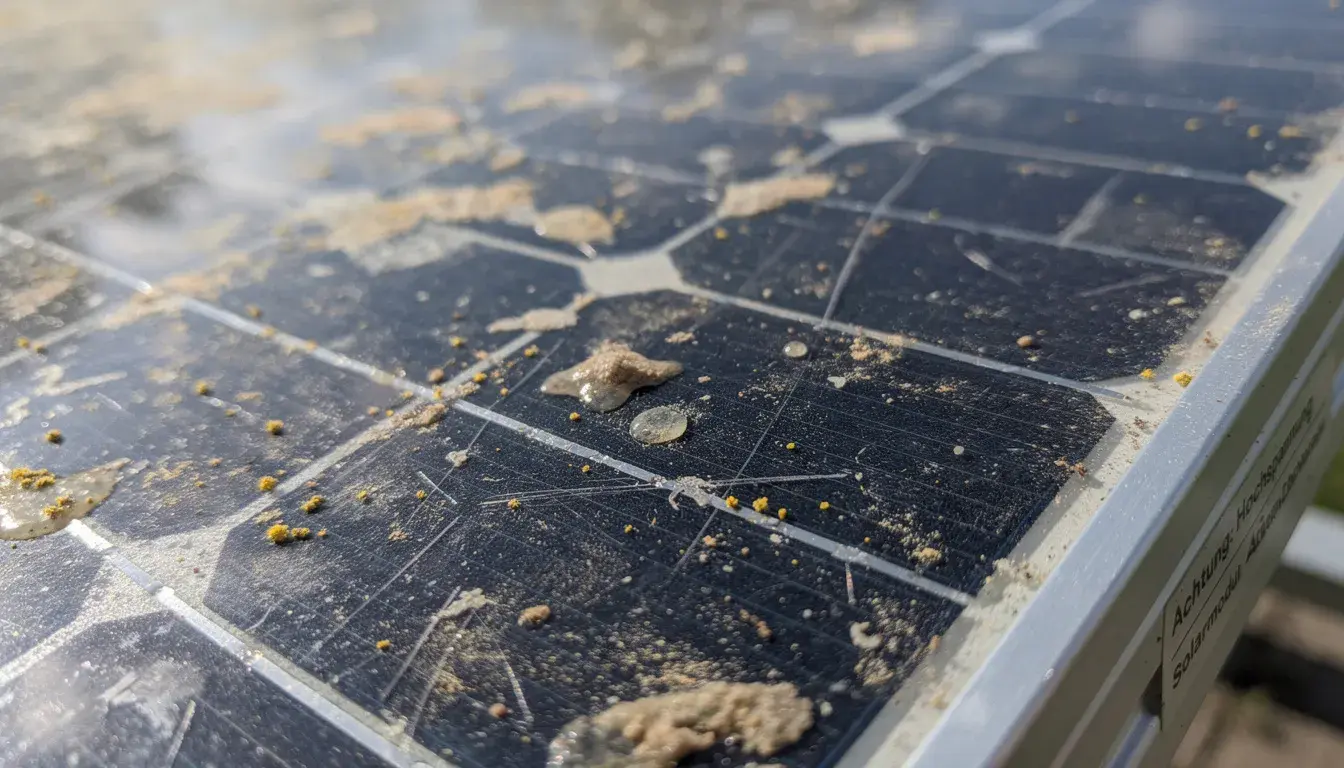 Die Nahaufnahme zeigt eine stark verschmutzte Oberfläche eines Solarmoduls mit sichtbaren Ablagerungen wie Staub, Pollen und Vogelkot. Diese Verunreinigungen können zu erheblichen Leistungsverlusten bei der Photovoltaikanlage führen und verdeutlichen die Notwendigkeit der regelmäßigen Reinigung von Solaranlagen.