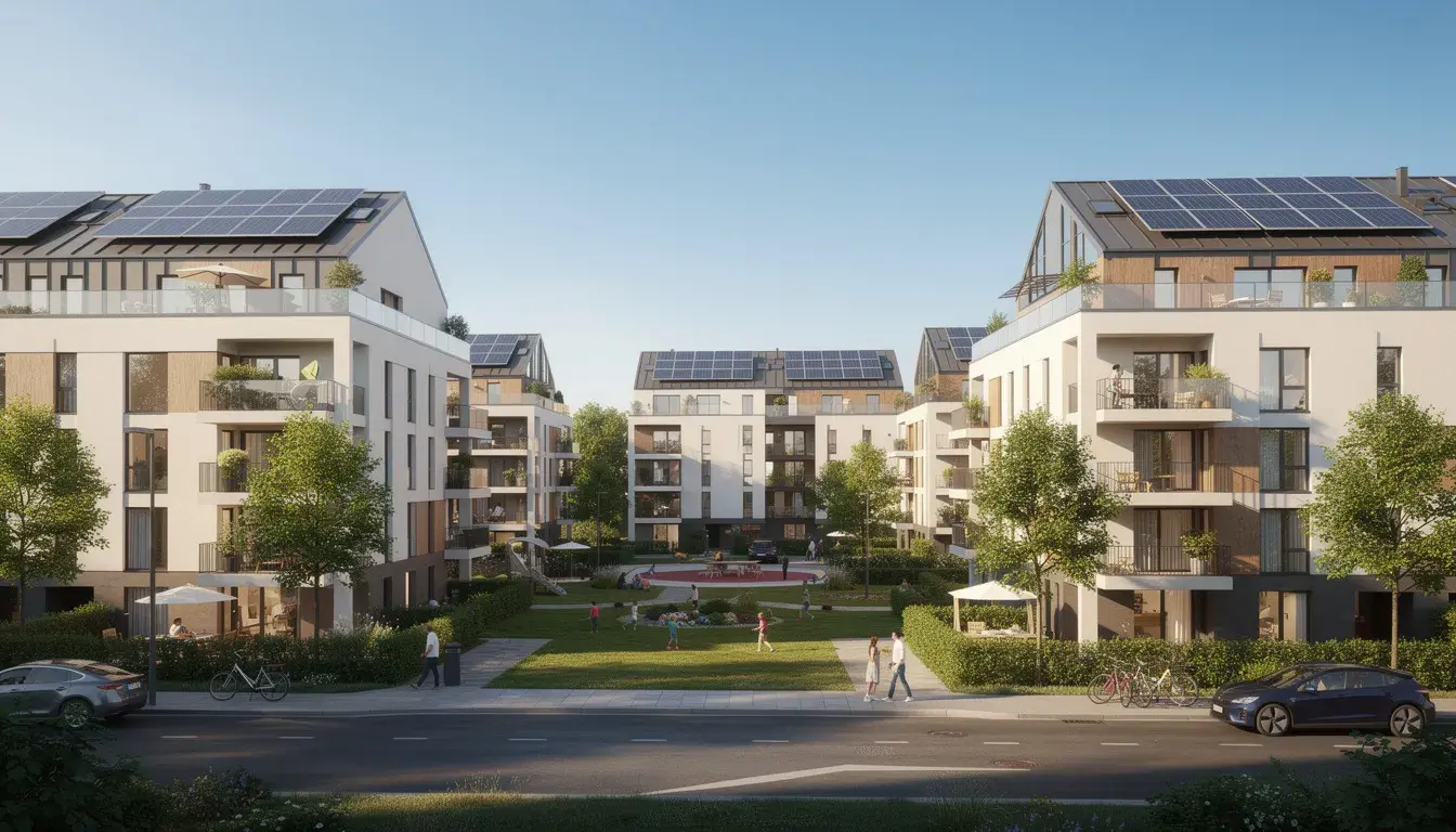 Das Bild zeigt ein Wohnquartier mit verschiedenen Gebäuden, die mit sichtbaren Solaranlagen ausgestattet sind. Bei schönem Wetter strahlen die PV-Anlagen in der Nachbarschaft, was die lokale Elektrizitätsgemeinschaft und die Nutzung von Solarstrom hervorhebt.