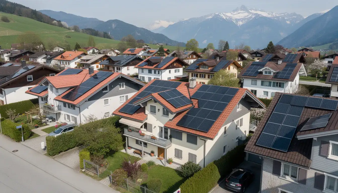 Ein sonniger Tag über einer Siedlung, in der mehrere Hausdächer mit Solarpanels ausgestattet sind. Diese PV-Anlagen erzeugen Solarstrom für die Haushalte und tragen zur Bildung lokaler Elektrizitätsgemeinschaften bei, die den Eigenverbrauch und die nachhaltige Energieversorgung fördern.