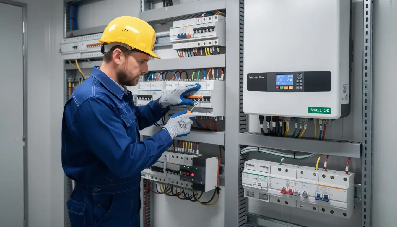 Ein Elektroinstallateur arbeitet konzentriert an einem modernen Wechselrichter in einem Technikraum, der Teil einer Photovoltaikanlage ist. Der Wechselrichter spielt eine entscheidende Rolle bei der Einspeisung von Solarstrom ins Stromnetz und unterstützt Maßnahmen wie Peak Shaving zur Optimierung des Strombedarfs.