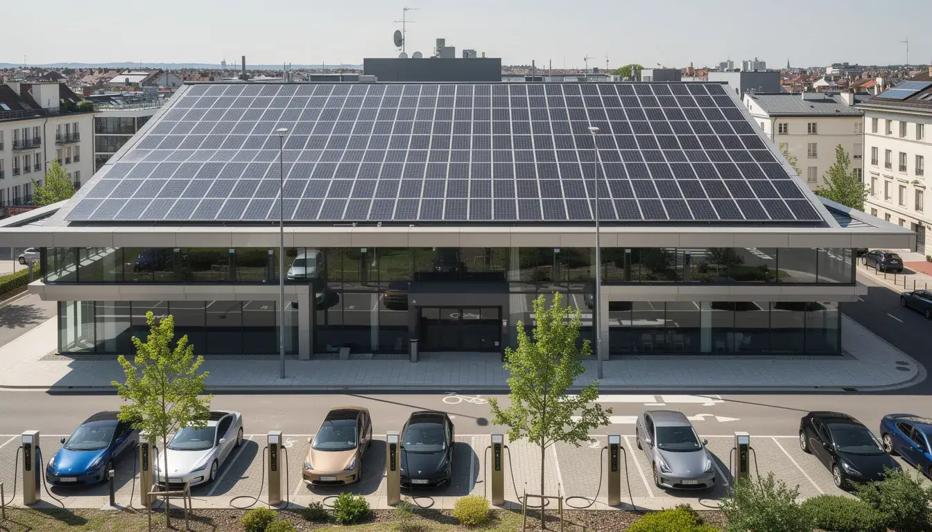 Das Bild zeigt ein gewerbliches Gebäude mit einer großen Solaranlage auf dem Flachdach, die aus mehreren Photovoltaikanlagen besteht. Im Vordergrund sind Ladestationen für Elektroautos zu sehen, die Teil eines modernen Energiekonzepts sind, das auf die Optimierung des Stromverbrauchs und die Nutzung von Solarstrom abzielt.