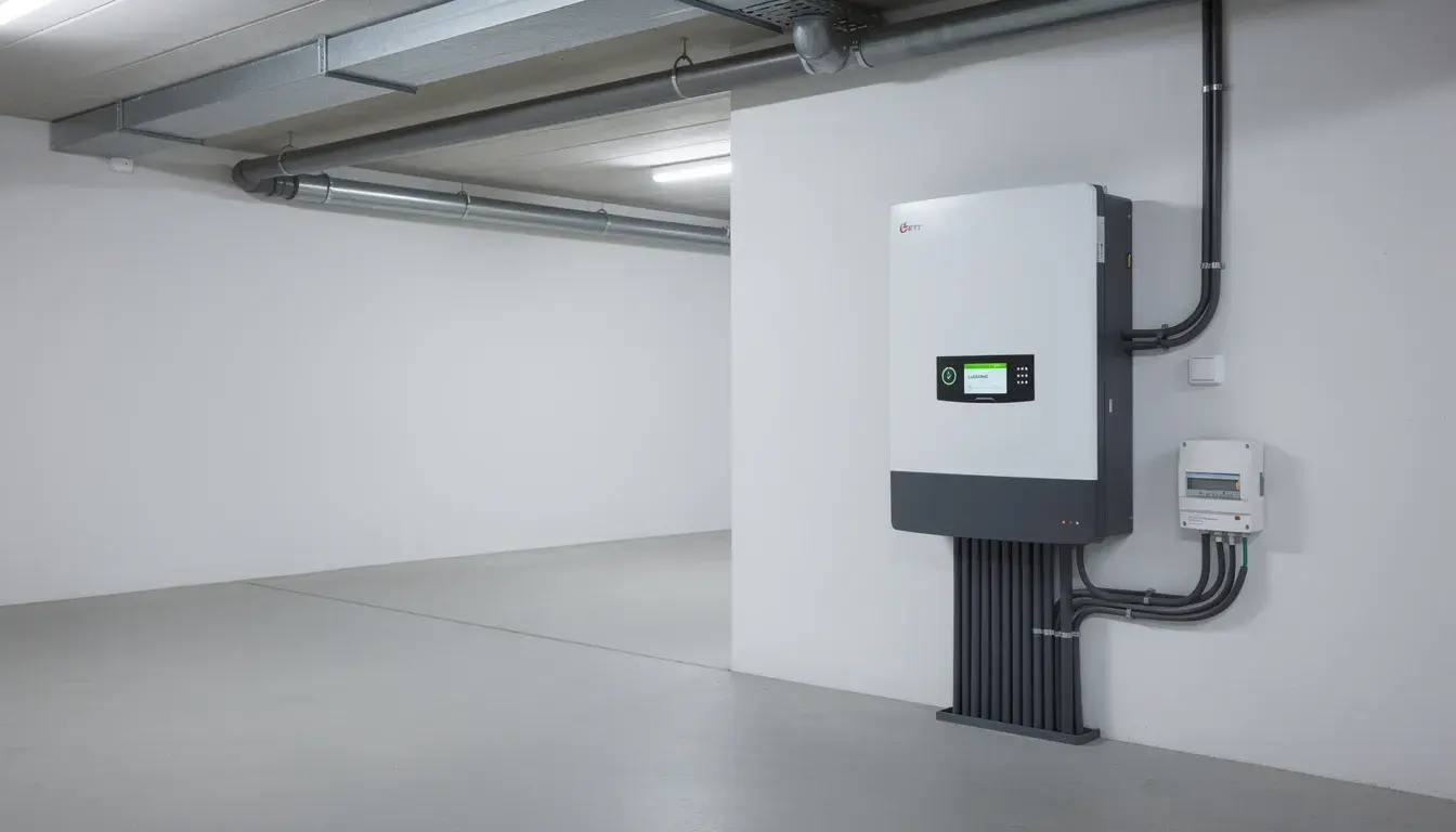 Die moderne Batteriespeichereinheit im Keller eines Einfamilienhauses ist mit einer LED-Anzeige ausgestattet, die Informationen über den aktuellen Stromverbrauch und die Leistung der Photovoltaikanlage anzeigt. Diese Technologie spielt eine wichtige Rolle bei der Optimierung des Eigenverbrauchs und der Lastspitzen, um die Netzinfrastruktur effizient zu nutzen.