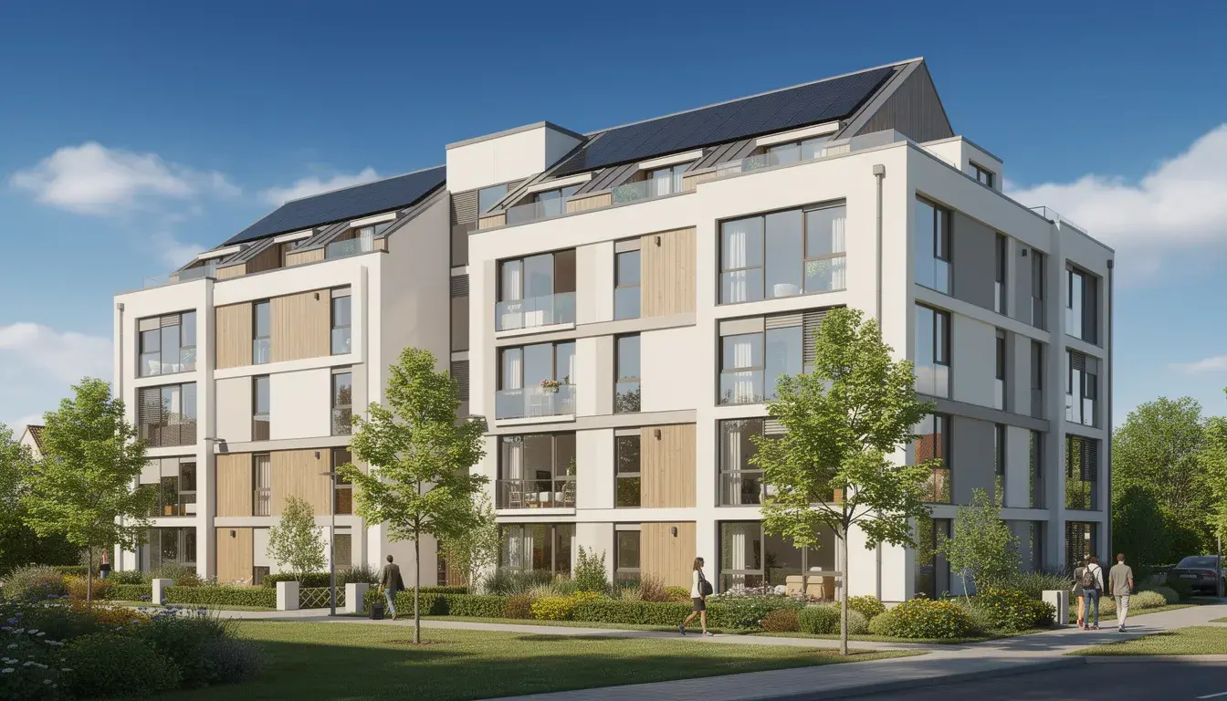 Das Bild zeigt ein modernes Mehrfamilienhaus mit einer eleganten Fassade, die integrierte dunkle Solarmodule aufweist. Der strahlend blaue Himmel unterstreicht die Nutzung von Solarenergie durch die Photovoltaikanlagen, die zur Stromproduktion beitragen.