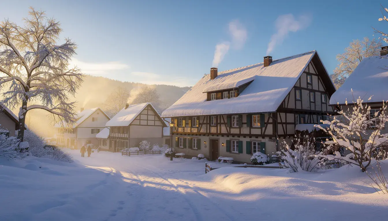Die sonnige Winterlandschaft zeigt schneebedeckte Dächer von Gebäuden, auf denen Sonnenstrahlen reflektieren. Diese Szene verdeutlicht das Potenzial von Solaranlagen auf Fassaden, die zur Stromproduktion und Nutzung von Solarenergie in der Schweiz beitragen können.