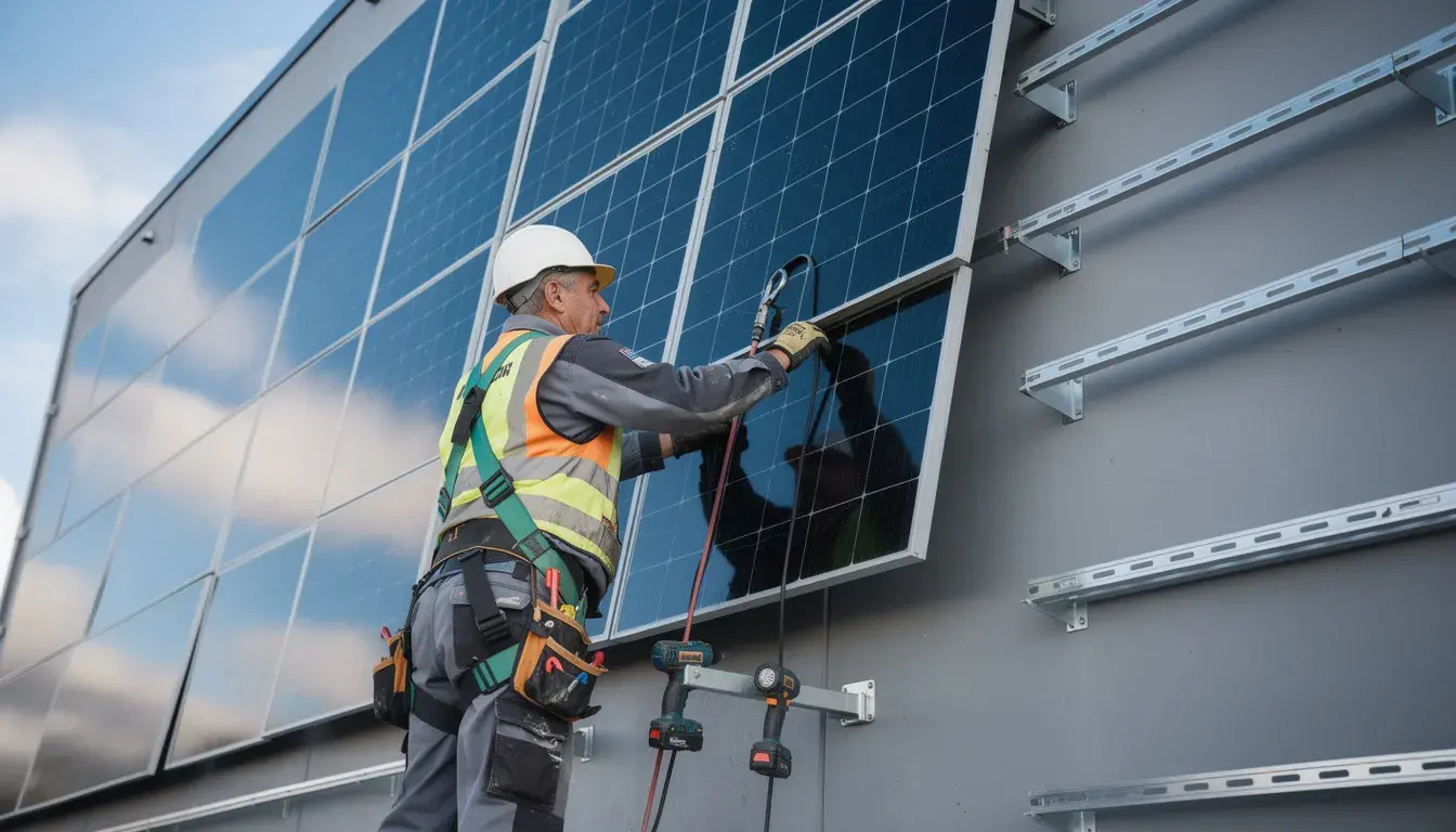 Ein Handwerker in Arbeitskleidung installiert Solarmodule an einer Gebäudefassade, um die Nutzung von Solarenergie zu fördern. Diese Photovoltaikanlagen tragen zur Stromproduktion bei und müssen den Anforderungen der Baubewilligung und des Meldeverfahrens für Fassaden PV entsprechen.