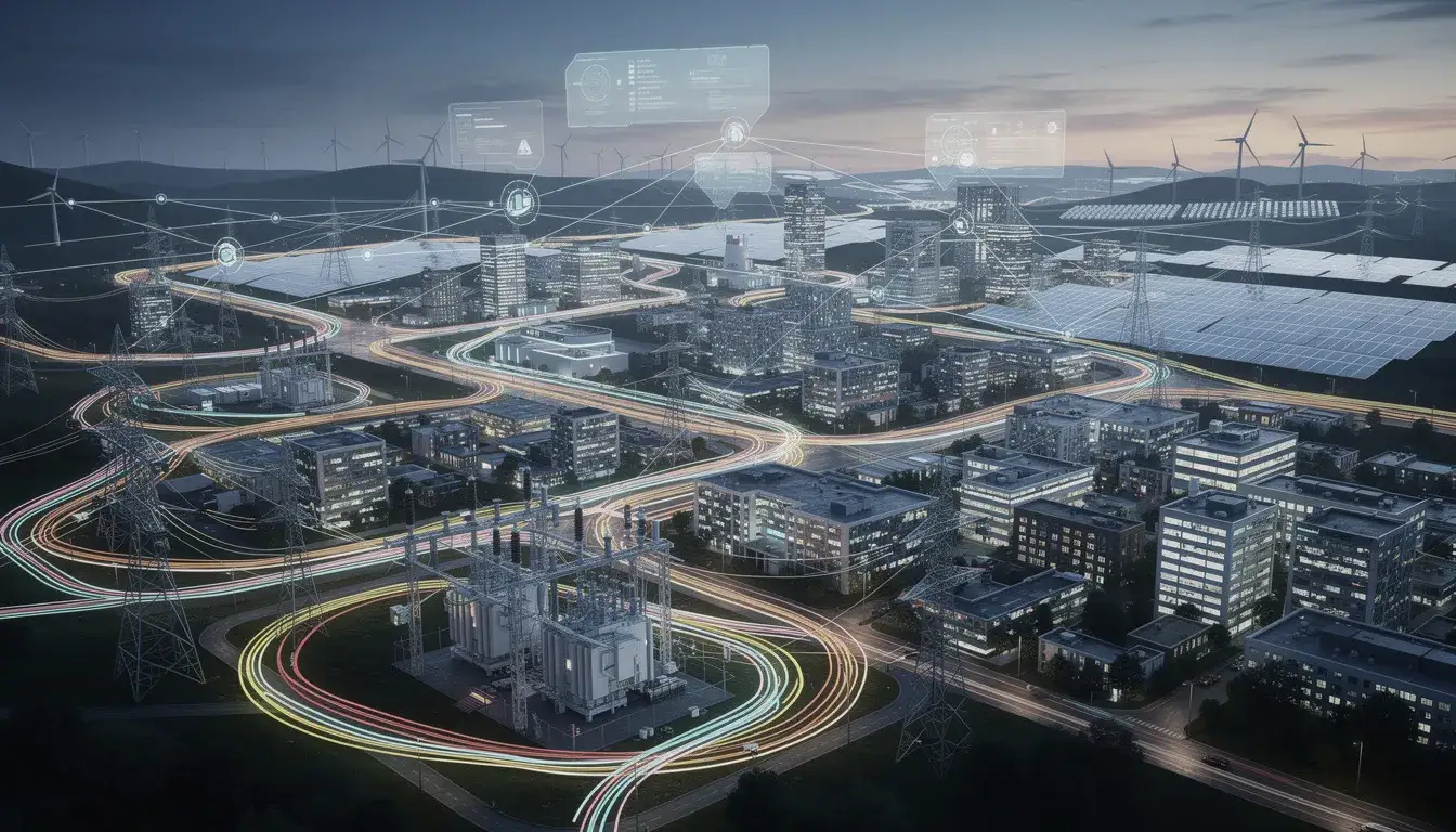 Das Bild zeigt ein komplexes Energienetz, das verschiedene PV-Anlagen miteinander verbindet. Es verdeutlicht die Einspeisung von Solarstrom in das Stromnetz und die Bedeutung der Rückvergütung für Anlagenbetreiber im Rahmen der Energiewende.