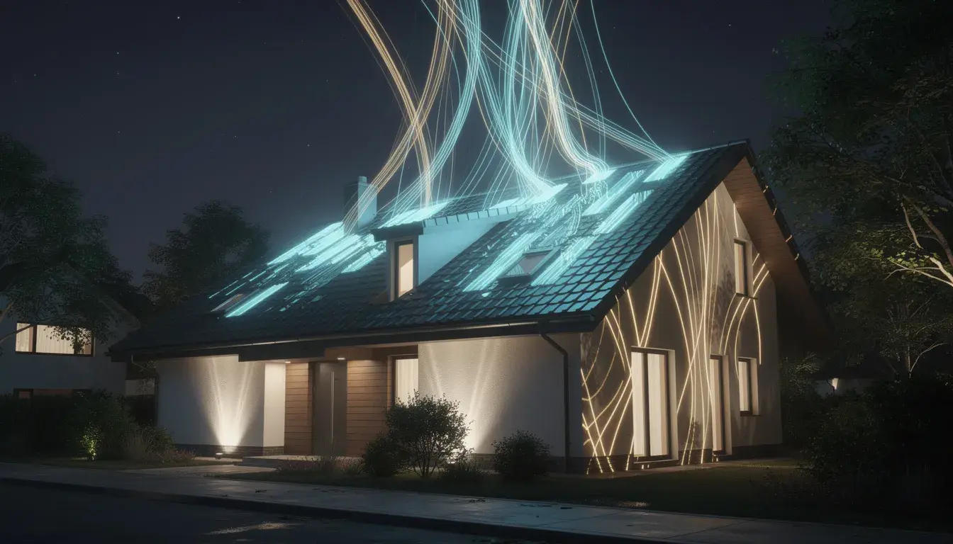 Das Bild zeigt eine Solaranlage auf einem Hausdach, auf dem die Sonnenstrahlen auf die Solarmodule treffen und Energie in Form von Strom erzeugen. Die Darstellung verdeutlicht die Nutzung von Solarenergie zur Stromproduktion und das Potenzial der Photovoltaikanlage zur nachhaltigen Energieversorgung.