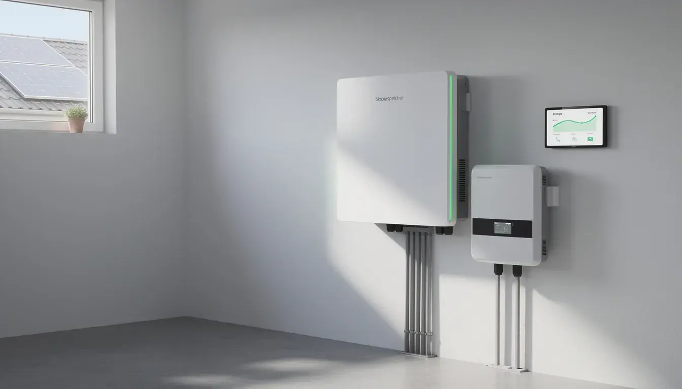 Das Bild zeigt einen modernen Stromspeicher, der in einer Photovoltaikanlage integriert ist. Diese Anlage ermöglicht eine effiziente Speicherung des Solarstroms, um die Stromproduktion während des Winterhalbjahres zu maximieren und von Förderungen wie dem Winterstrombonus zu profitieren.