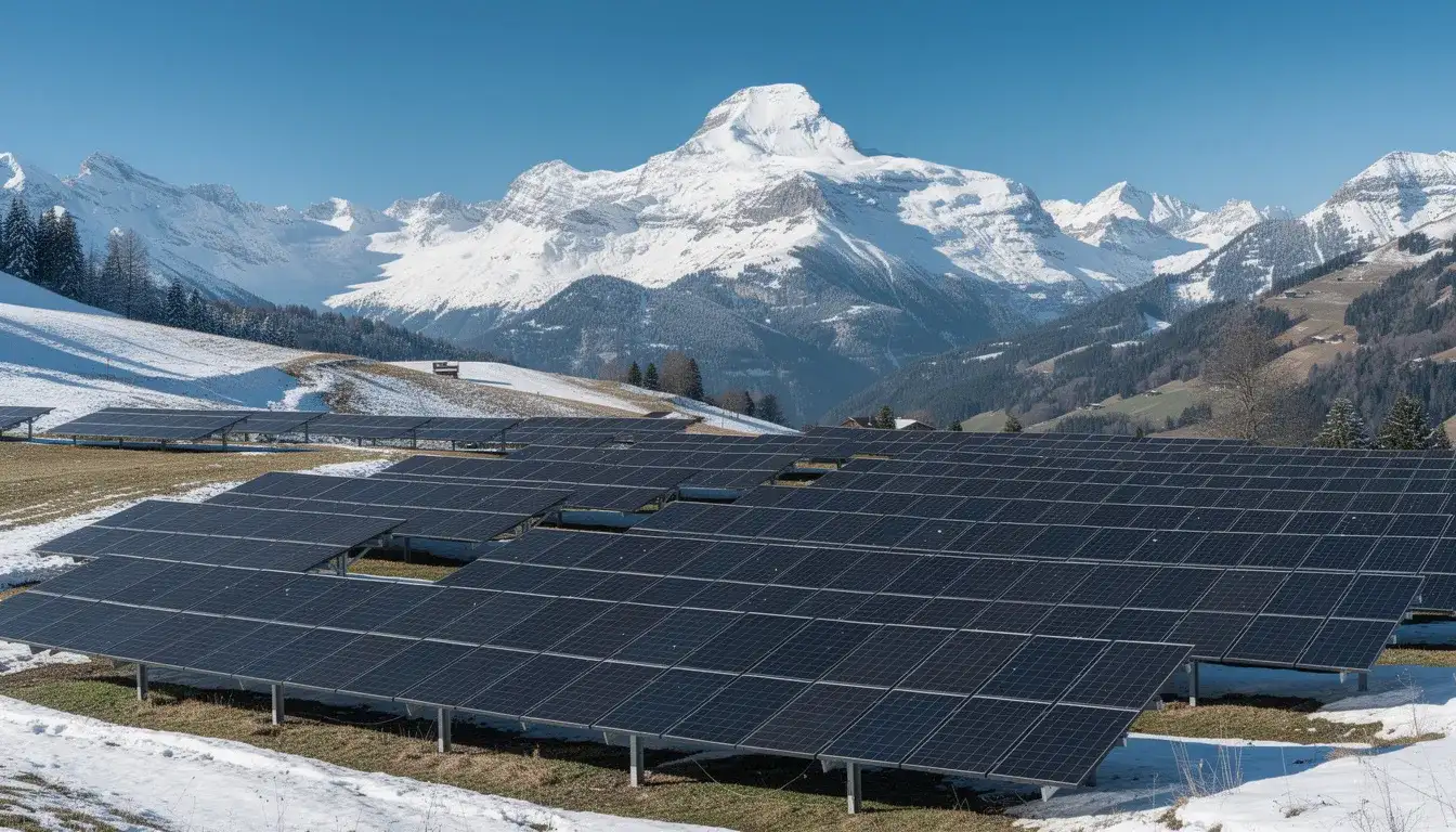 Die alpine Landschaft in der Schweiz zeigt eine großflächige Solaranlage, umgeben von schneebedeckten Bergen. Diese photovoltaik anlagen tragen zur winterstromproduktion bei und profitieren von den seit 2023 geltenden förderungen des schweizer bundesrats, um die energieversorgung nachhaltig zu sichern.