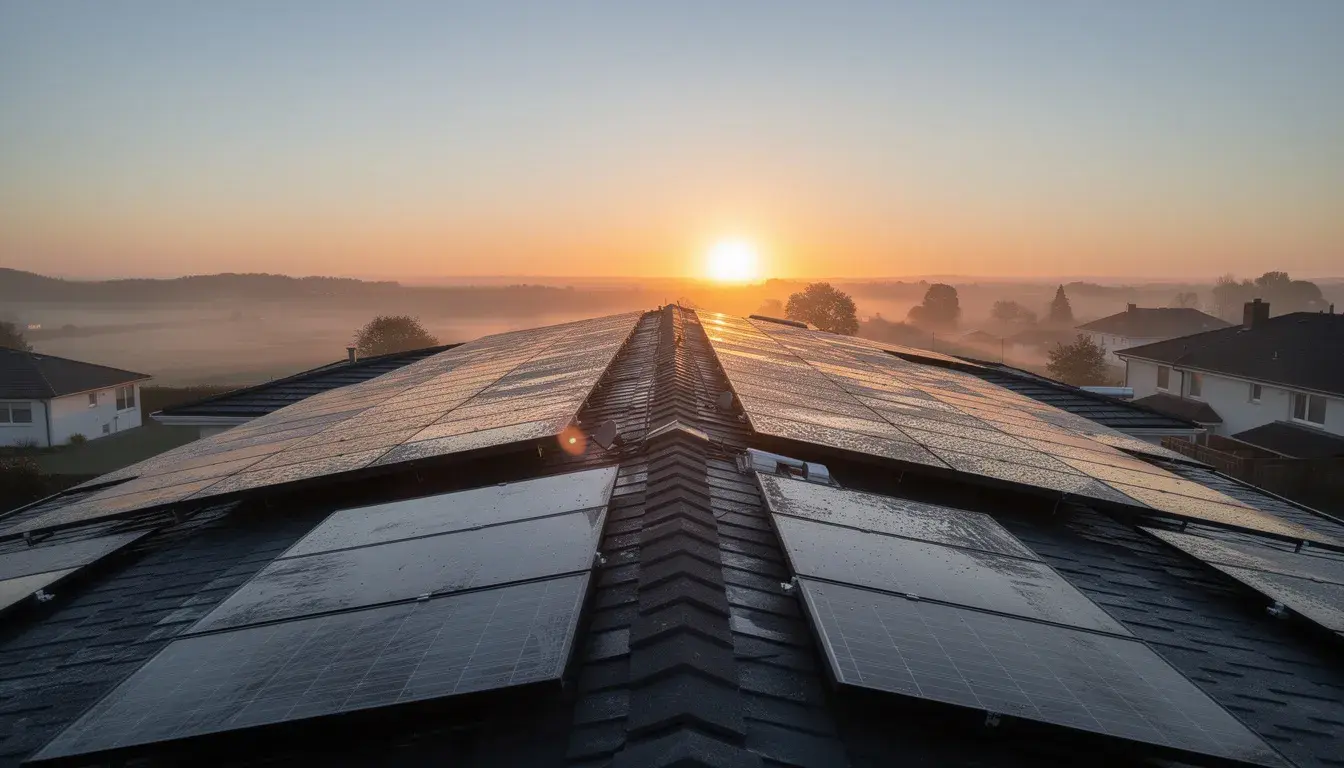 Auf dem Dach eines Hauses mit Ost-West-Ausrichtung sind Solarpanels installiert, die bei Sonnenaufgang in der Morgensonne leuchten. Diese Photovoltaikanlage ermöglicht es Hausbesitzern, ihren Eigenverbrauch an Solarstrom zu optimieren und somit die Stromkosten zu senken.