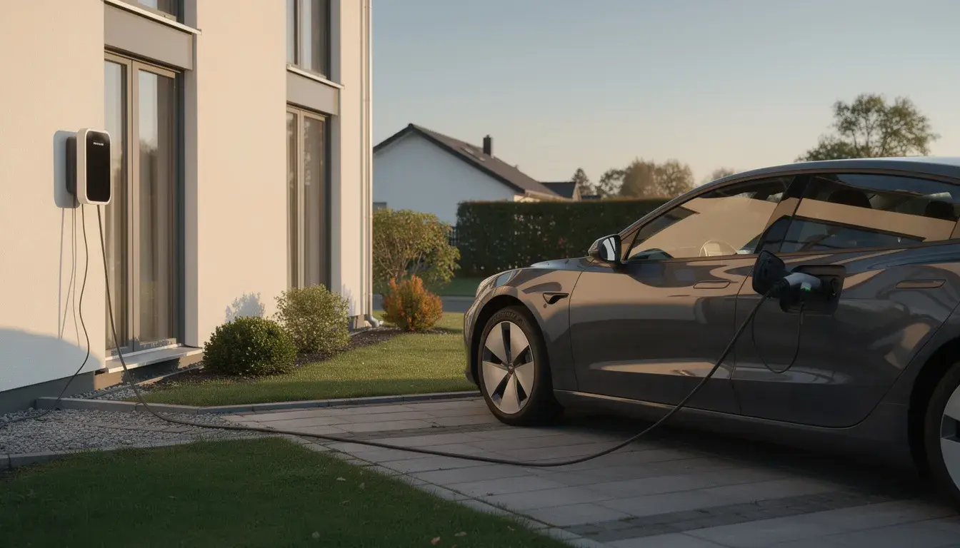 Das Bild zeigt ein Elektroauto, das an einer Wallbox lädt, während es neben einem Einfamilienhaus steht. Im Hintergrund ist eine Solaranlage auf dem Dach zu sehen, die Sonnenenergie in Solarstrom umwandelt, um den Eigenverbrauch zu optimieren und die Stromkosten zu senken.