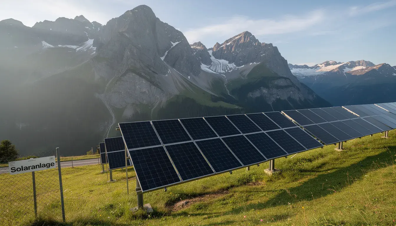 Das Bild zeigt eine beeindruckende Solaranlage in den Bergen, umgeben von schneebedeckten Gipfeln der Alpen. Die Photovoltaik-Anlagen sind strategisch positioniert, um die Sonnenstrahlung optimal zu nutzen und tragen zur Energiewende in der Schweiz bei.
