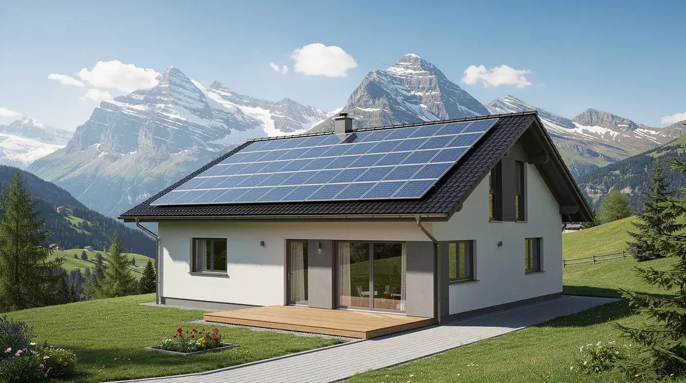 Ein Einfamilienhaus mit einer modernen Solaranlage auf dem Dach steht inmitten einer malerischen Schweizer Berglandschaft. Die Nutzung von Solarenergie zur Stromproduktion unterstreicht die wachsende Bedeutung erneuerbarer Energiequellen in Zeiten steigender Energiepreise und Inflation.