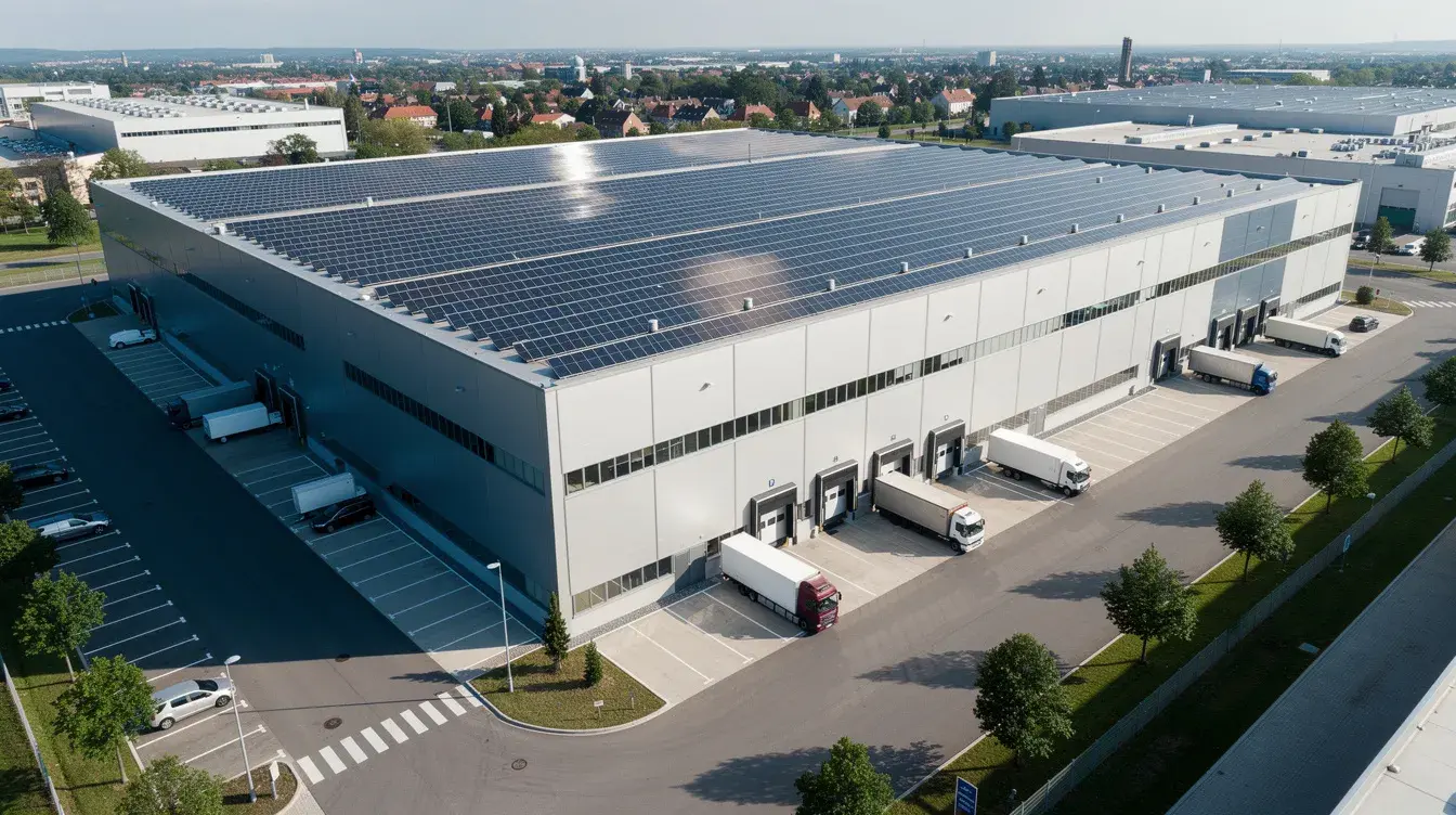 Die Abbildung zeigt eine große Industriehalle mit einem Flachdach, das mit Solarpanels ausgestattet ist. Diese Solaranlage steht im Kontext der Solarpflicht in verschiedenen Kantonen, wie beispielsweise im Kanton Bern, und trägt zur Nutzung von Solarenergie und zum Klimaschutz bei.