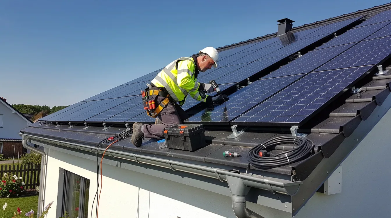 Ein Elektriker installiert Solarpanels auf dem Dach eines Einfamilienhauses, um die Nutzung von Solarenergie im Rahmen der Solarpflicht in den Kantonen zu fördern. Die Installation trägt zum Klimaschutz bei und unterstützt die Eigenstromerzeugung in Neubauten.