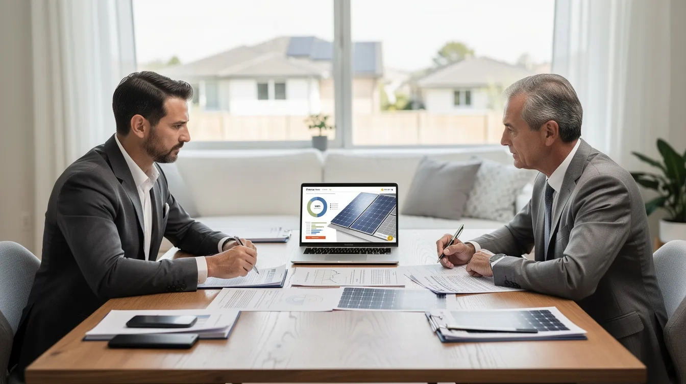 Ein Solarexperte berät einen Hausbesitzer am Tisch, umgeben von Dokumenten und einem Laptop. Die Beratung konzentriert sich auf die Planung von Solaranlagen und die Auswirkungen der Abschaffung des Eigenmietwerts auf zukünftige Steuerabzüge.