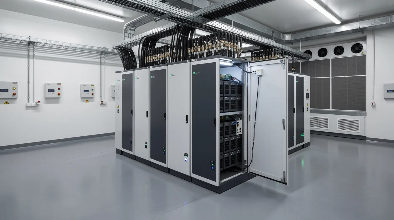 Das Bild zeigt ein modernes Batteriespeichersystem in einem Technikraum, das als Notstromlösung für Haushalte dient. Es ist Teil einer Photovoltaikanlage und sorgt bei Stromausfällen in der Schweiz für eine zuverlässige Stromversorgung, indem es Solarstrom speichert und bei Bedarf zur Verfügung stellt.