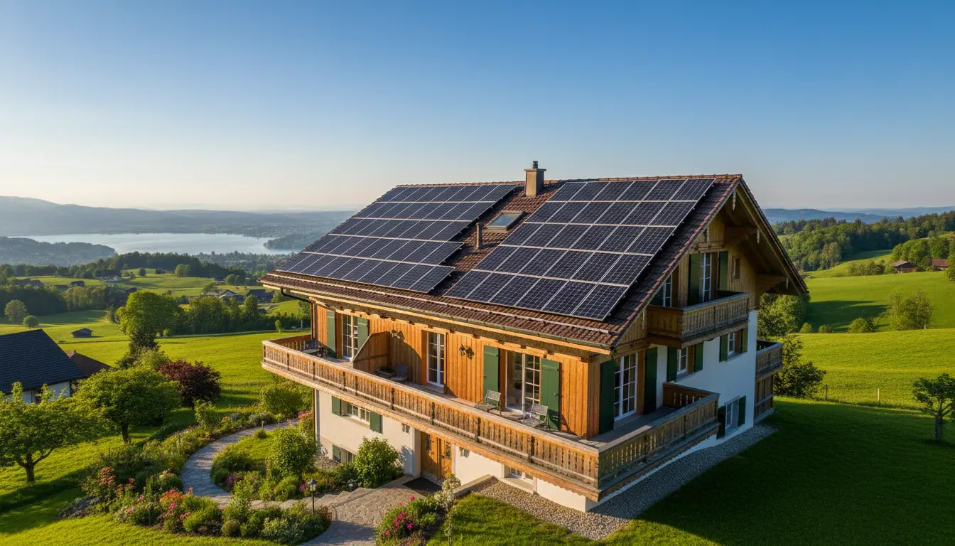 Eine moderne Solaranlage auf einem typischen Schweizer Einfamilienhaus im Zürcher Obersee-Gebiet