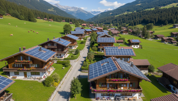 Solaranlagen auf mehreren Wohnhäusern in einem Schweizer Dorf