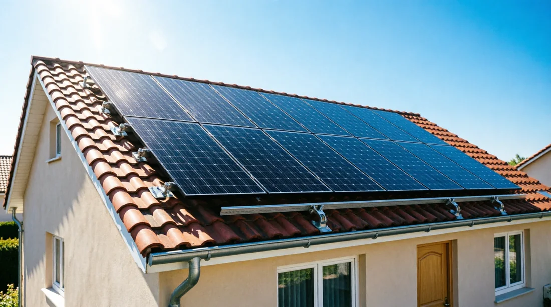 Photovoltaikanlage auf dem Ziegeldach eines Einfamilienhauses