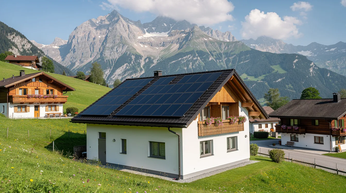 Chalets mit Photovoltaikanlagen auf dem Dach in einem Bergdorf im Sarganserland
