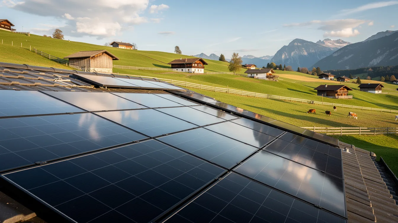 Ein Strommast steht im Vordergrund vor einem beeindruckenden Bergpanorama der Schweiz, während ein dramatischer Himmel darüber zieht. Diese Szene symbolisiert die Energieversorgung in der Region, einschliesslich Informationen zu Strompreisen und Netzbetreibern in der Gemeinde Vorderthal.