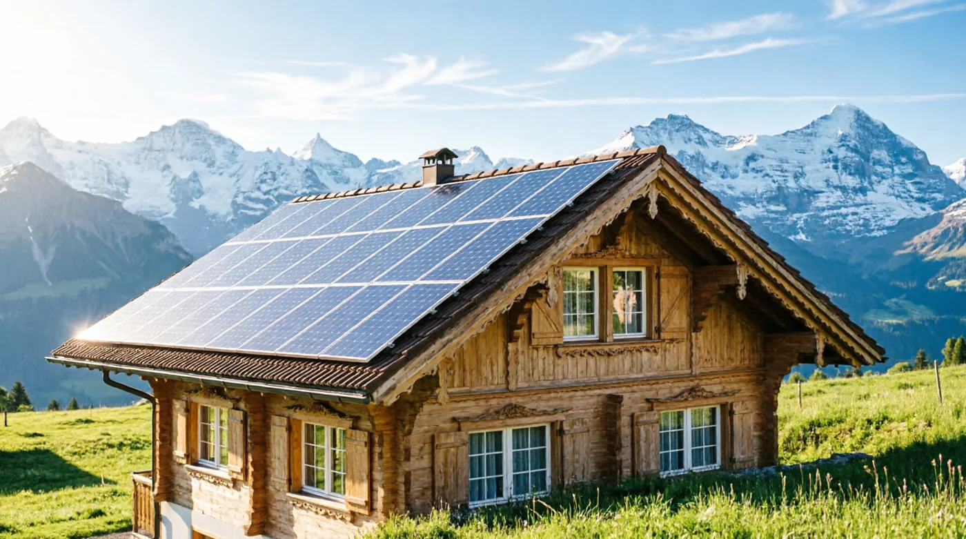 Chalet mit Photovoltaikanlage auf dem Dach vor Schweizer Bergpanorama