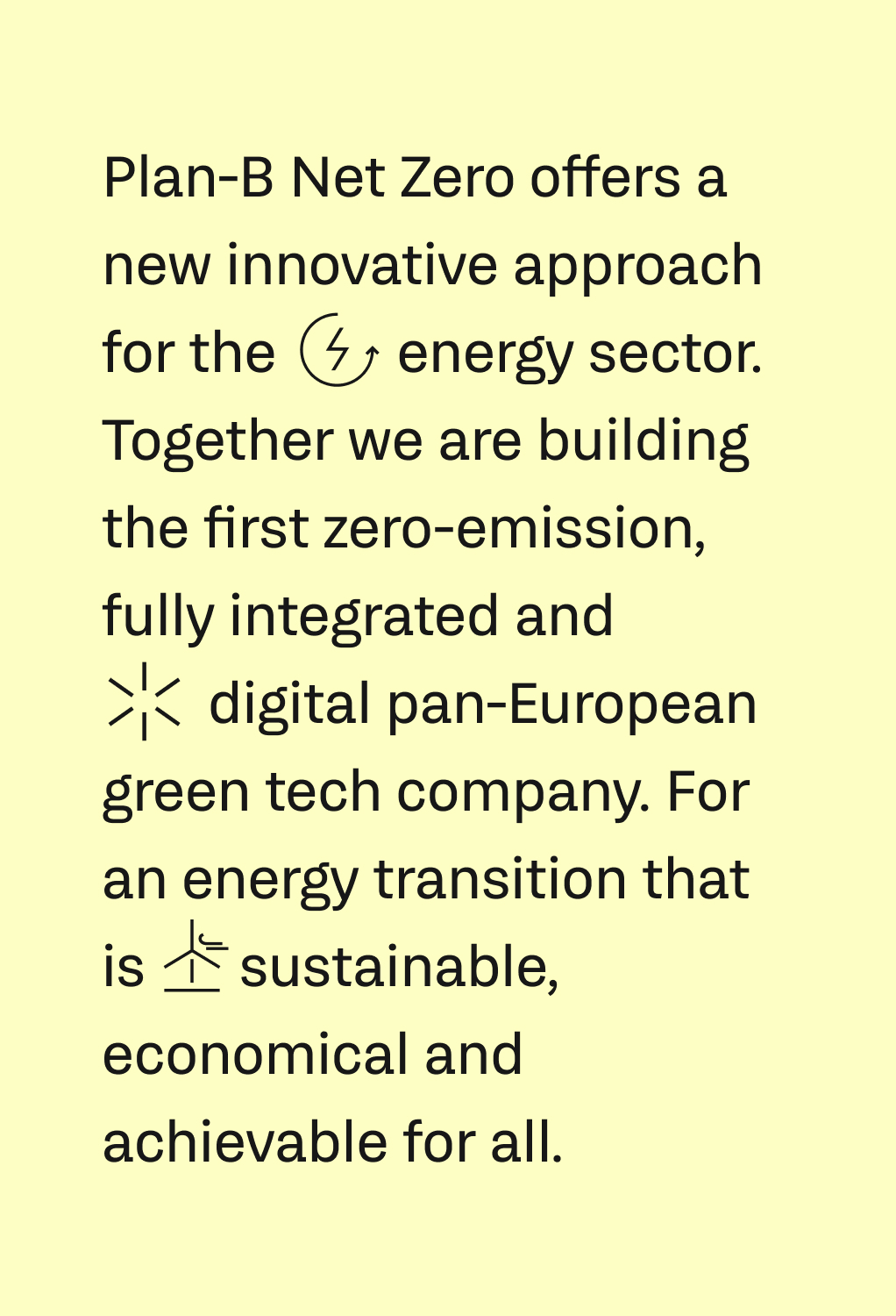 Text describing Plan-B Net Zero's innovative zero-emission, digital green tech company for energy transition.