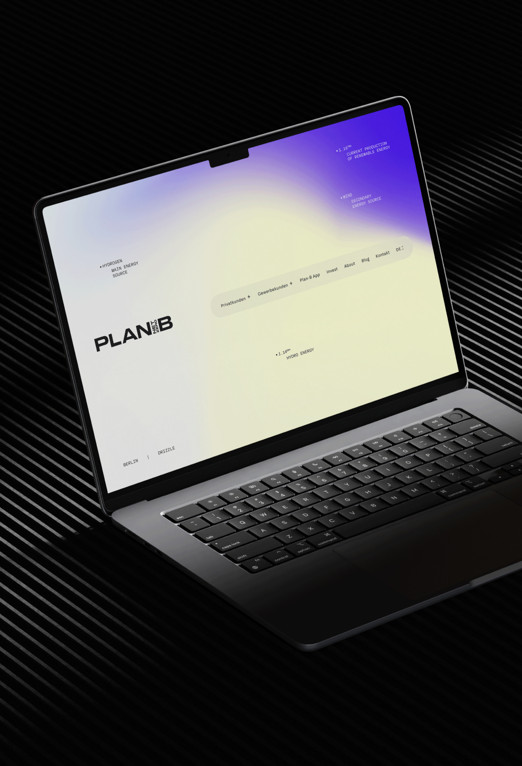 Laptop showing a website with 'Plan B' logo and menu on a gradient blue and white background.
