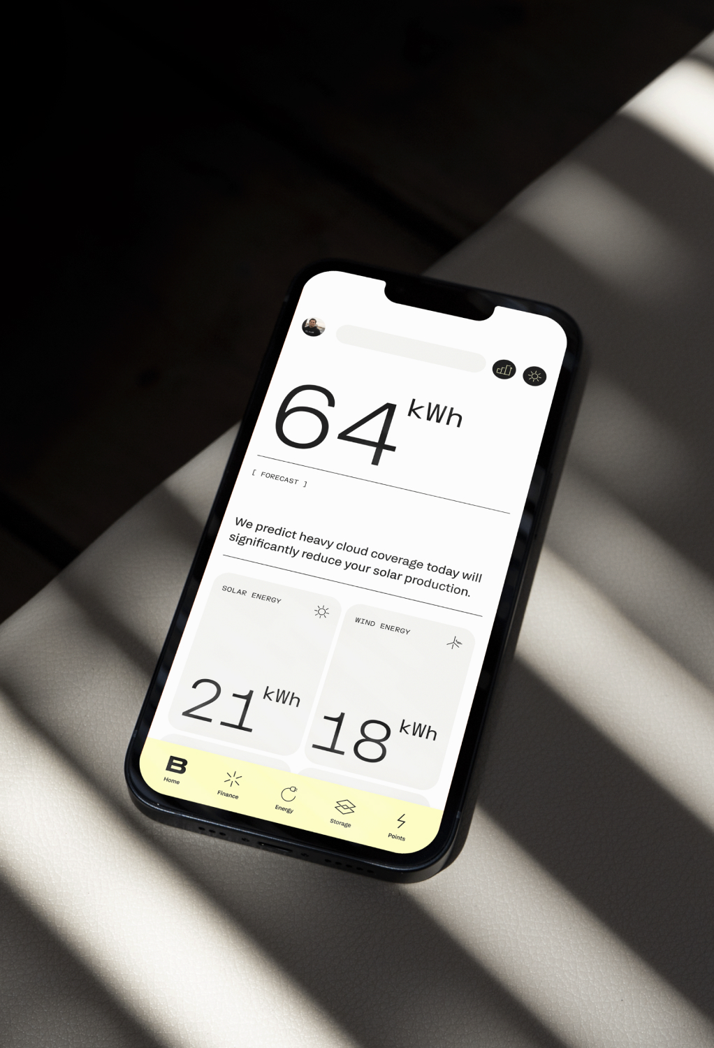 Smartphone screen shows energy forecast with 64 kWh total, 21 kWh solar, and 18 kWh wind energy.