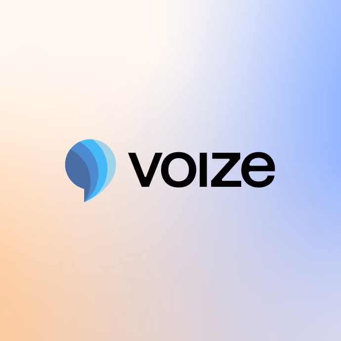 Voize company logo with stylized blue speech bubble icon on gradient background.