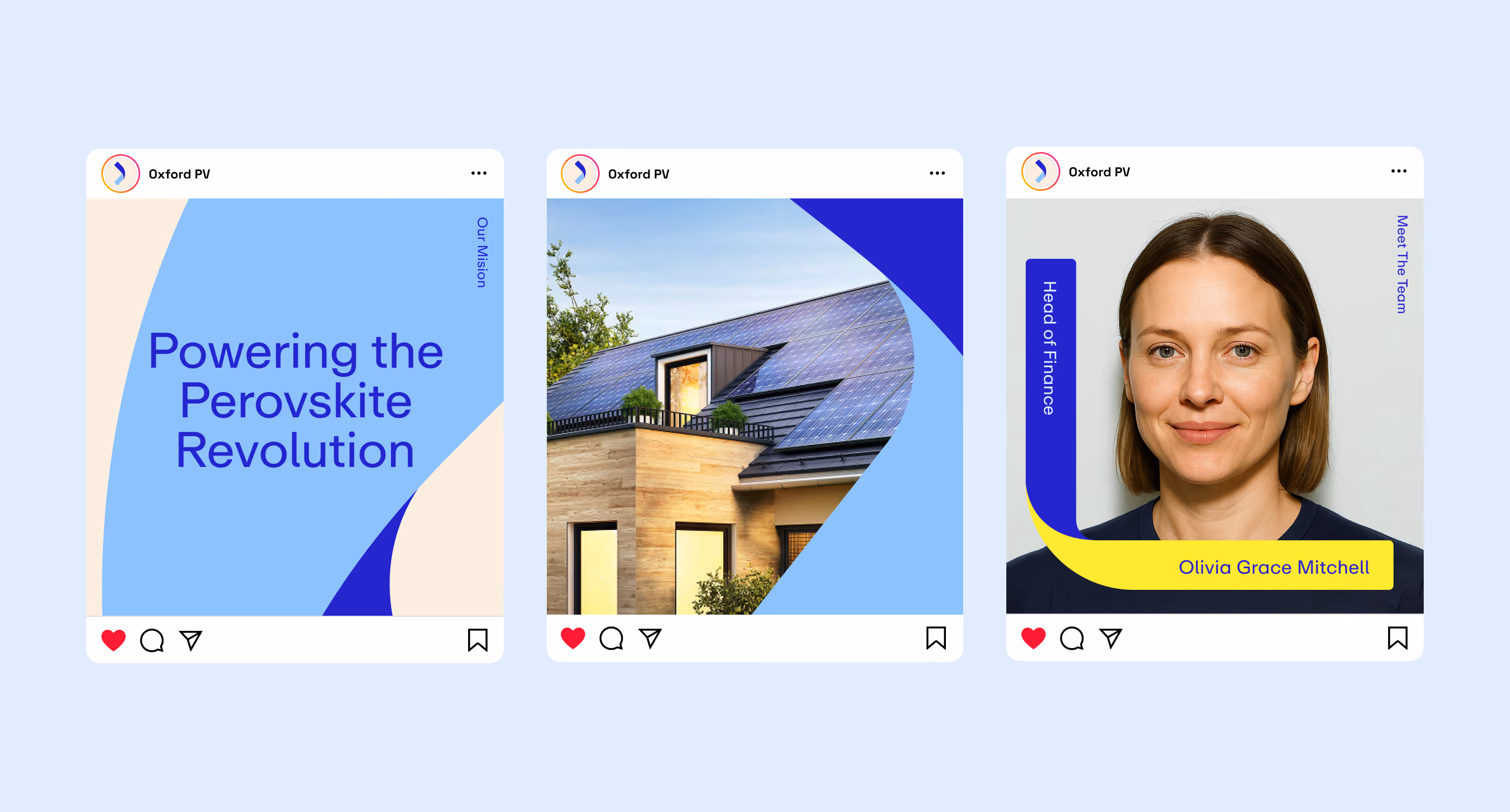 Three social media posts by Oxford PV showing mission text, solar panels on a house, and finance head Olivia Grace Mitchell.