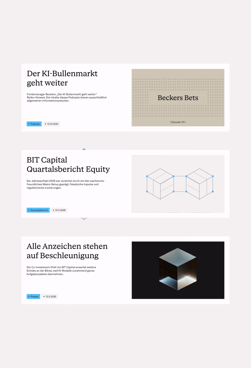 Three German finance reports with titles, dates, and abstract images of blocks and cubes.