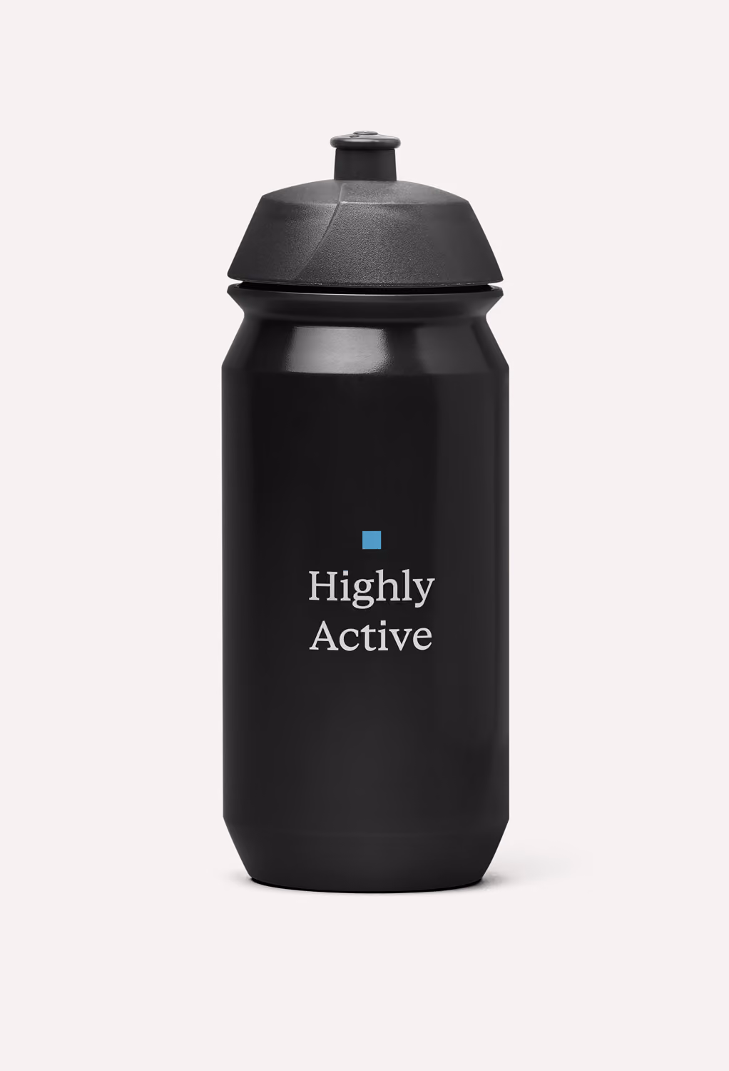Black water bottle with a textured cap and the words Highly Active printed on it.