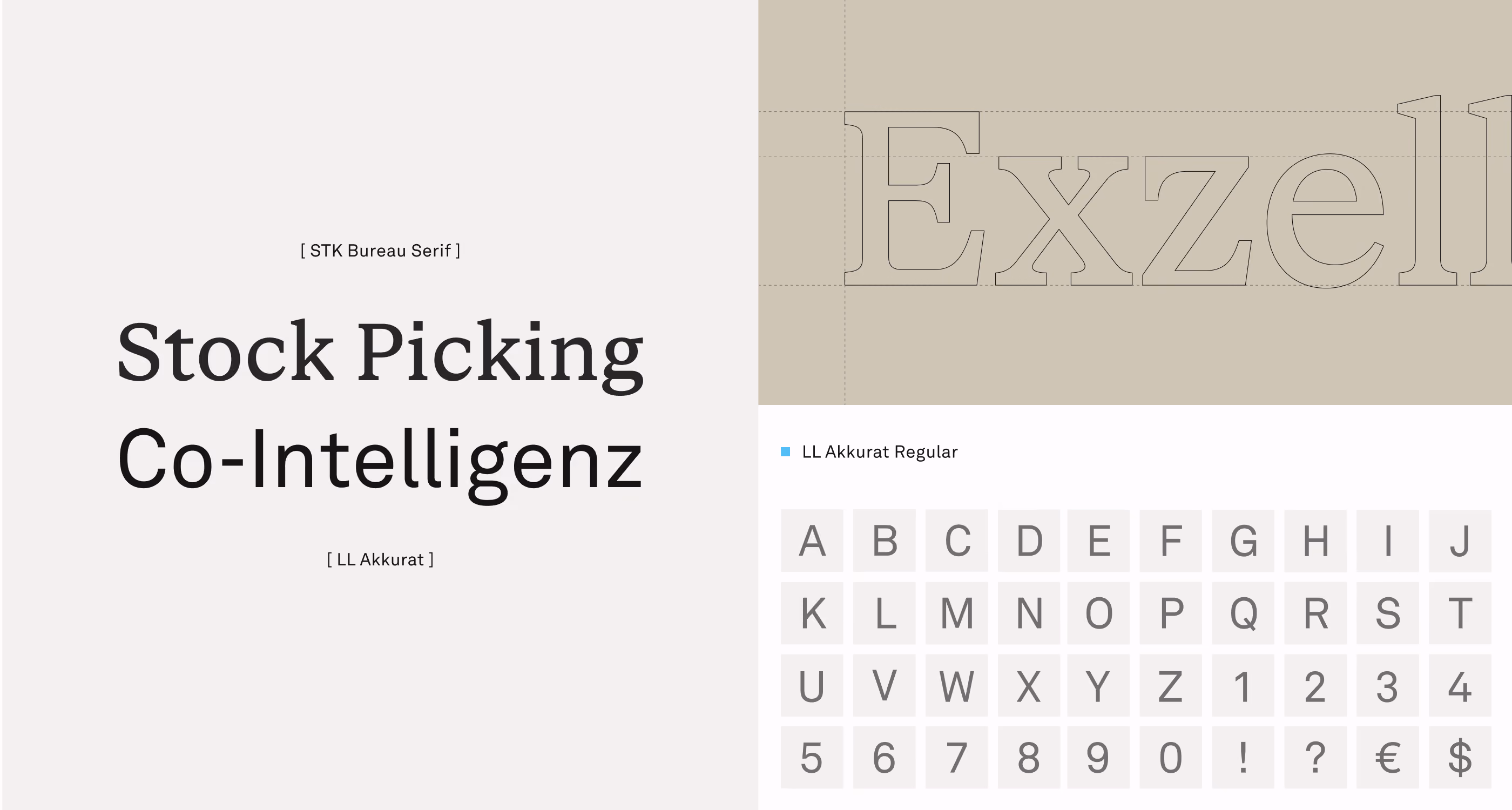 Typography sample showing STK Bureau Serif and LL Akkurat fonts with alphabets and symbols.