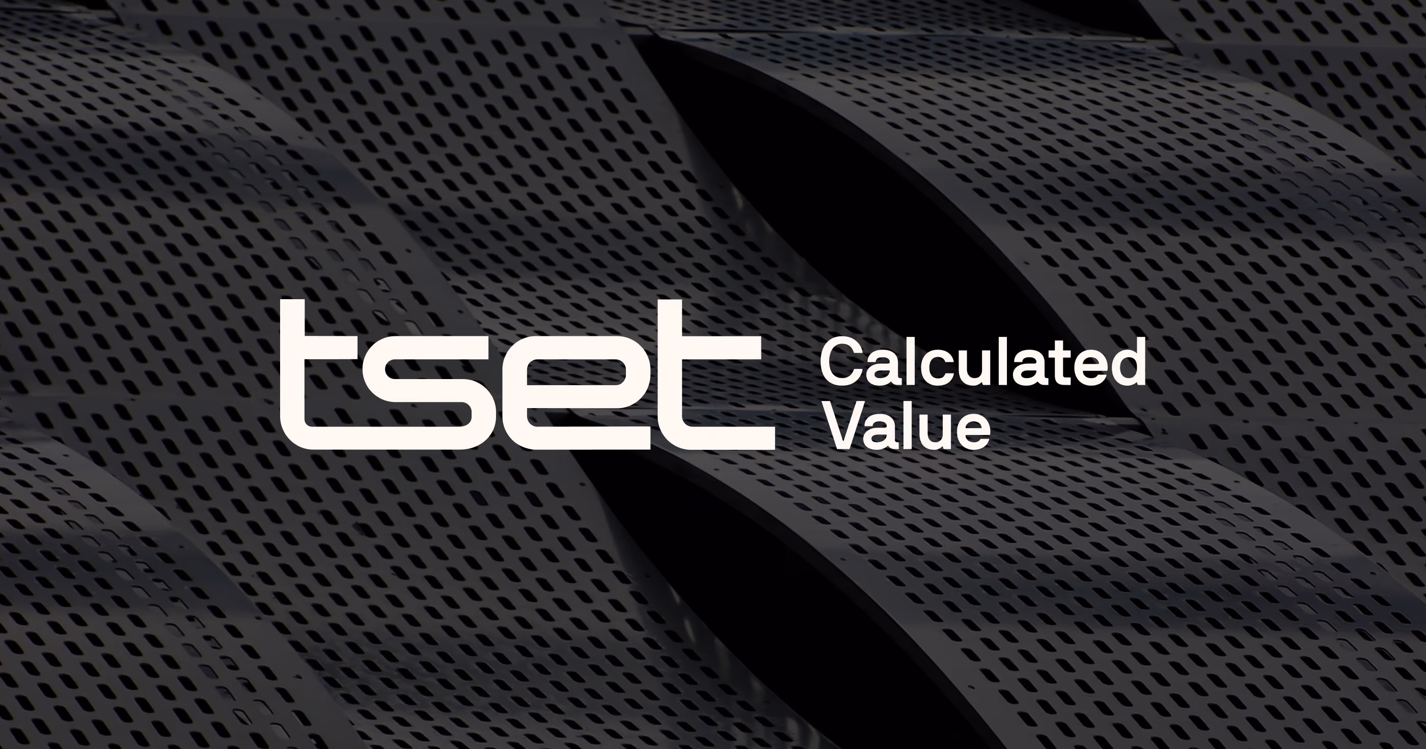 Logo with text 'tset Calculated Value' over dark perforated wave metal background.