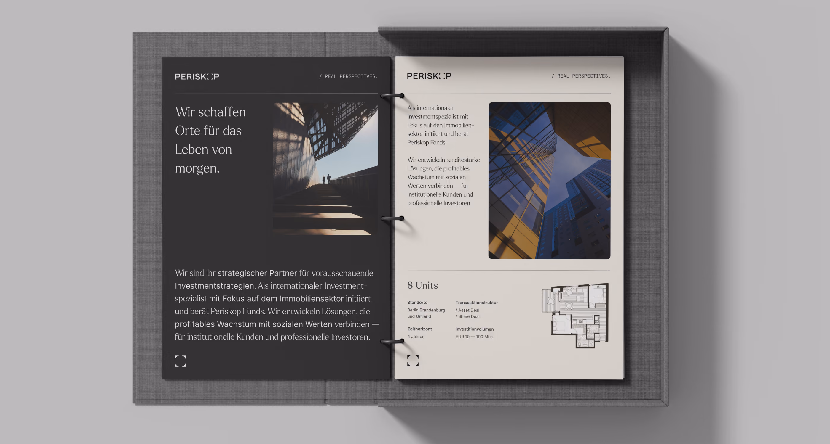 Open binder showing two pages of Periskop investment brochure with text, building images, and a floor plan.