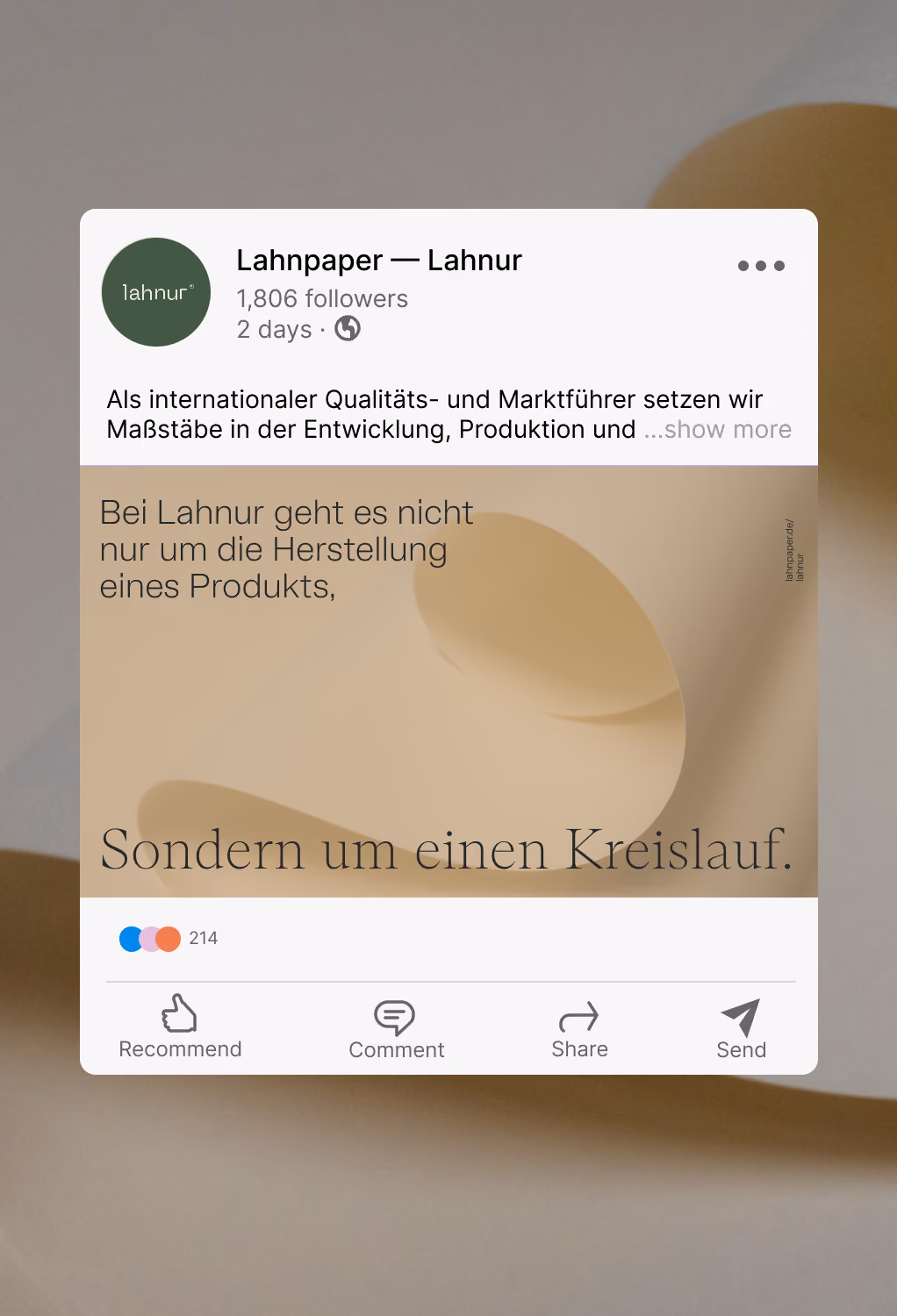 LinkedIn post from Lahnur with German text about product creation and circular economy.