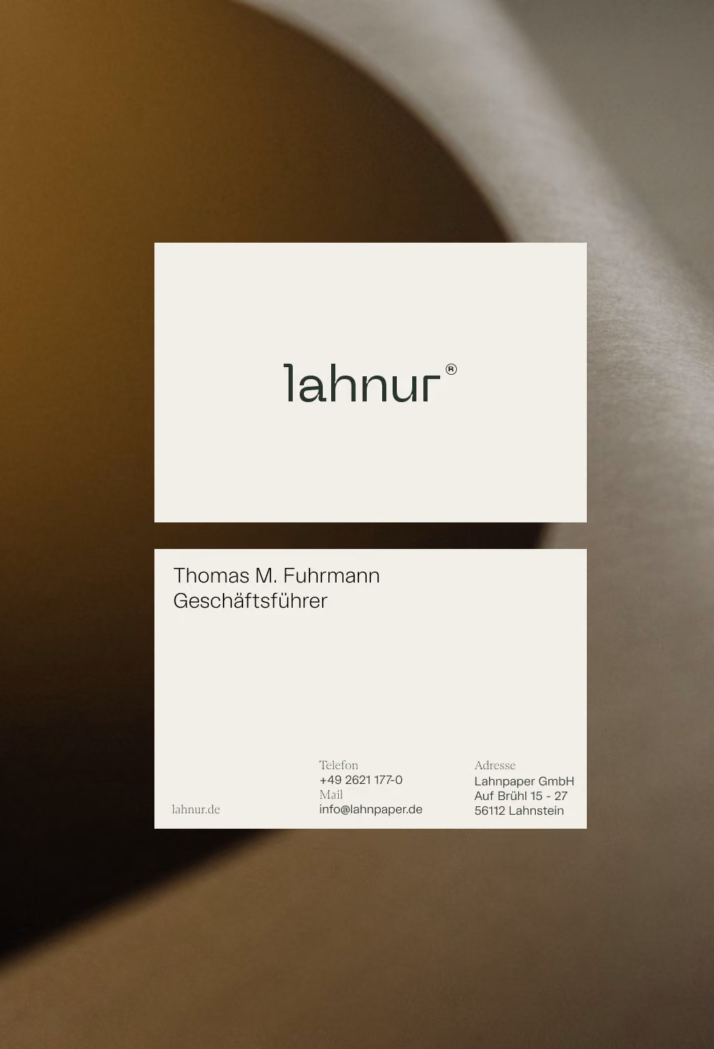 Business card for Thomas M. Fuhrmann, Geschäftsführer of Lahnur with contact and address details.