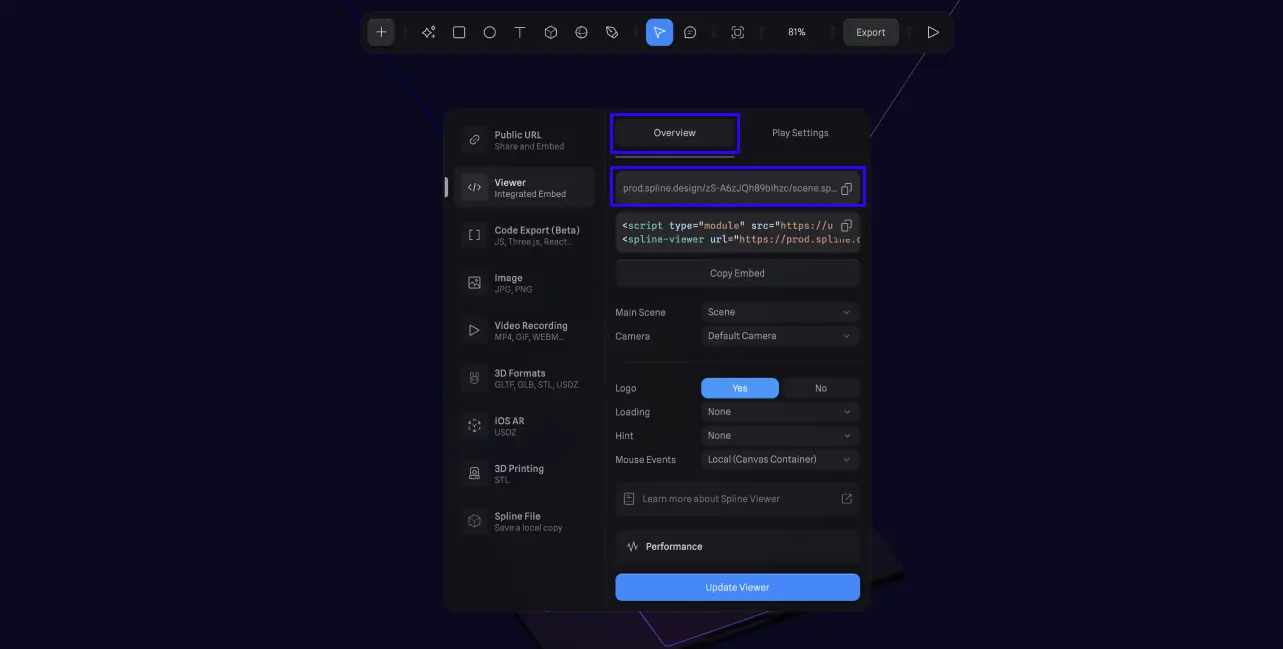 Spline “Viewer” export option